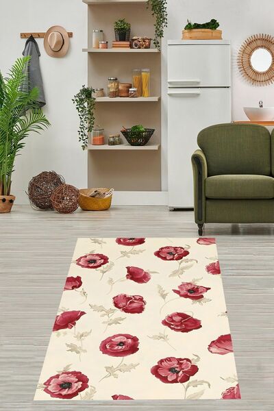 on the clouds Düz Zemin Üzerine Gelincik Çiçeği Desenli Yıkanabilir Kaymaz Ta...