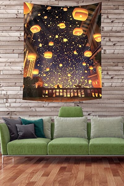 on the clouds Gece Gökyüzünde Dilek Fenerleri Leke Tutmaz Kumaş Duvar Örtüsü Duvar Halısı Tapestry