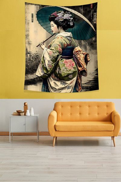 on the clouds Japanese Girl with Umbrella Stain Resistant Fabric Wall Cloth Wall Tapestry Tapestry