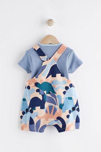 Next Baby Blue Dinosaur Patterned 100% Cotton Salopet Body and Bodysuit Set