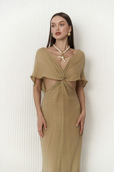 BOHEMAİ Khakifarbenes Fremen-Kleid – Kreuzdetail vorne