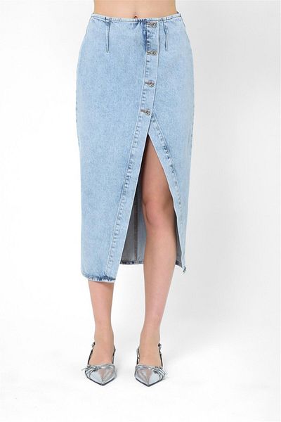 Lefon Fusta de damă albastră cu fantă asimetrică din denim - cu nasturi