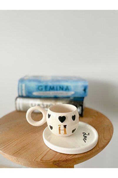 Mugtasarım 24K Gold Gilt Double Handmade Ceramic Turkish Coffee Cup - Letter H - Black