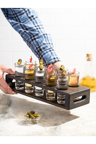 Esci Design 10-Piece Wooden Tequila Set - Presentation Stand - Beverage Stand - Retro Presentation