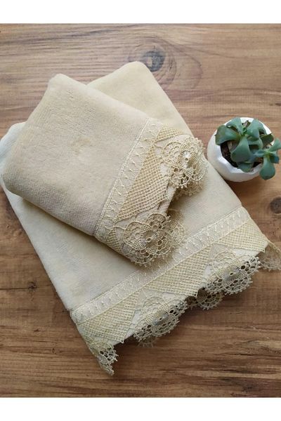 Modares Store Ottoman Velvet Towel Set - 2 Pieces, Needle Embroidered, Cappuccino 50x90 & 30x50