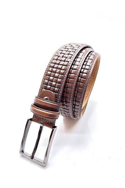 GİRAY HAKİKİ DERİ AÇIK KAHVERENGİ (TABA EFEKTLİ) İNCE ÖRGÜ DESEN KEMER