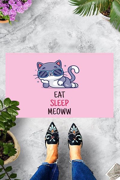 on the clouds سجادة باب مزخرفة مطبوعة رقميًا من Eat Sleep Meow مكتوبة على شكل قطة