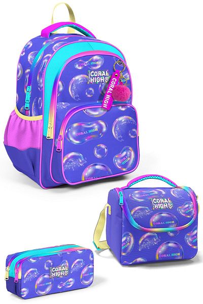 Coral High Set de genți de școală din 3 piese roz lavandă - SET cu model cu bule 0123656