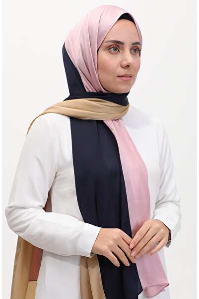 sefamerve Three Color Karaca Shawl 81049-12 - Powder Navy Blue and Gold