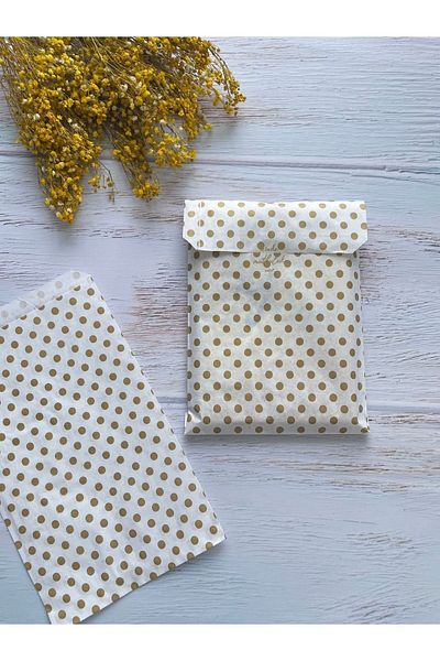 eylülün etiket fabrikası Gold Polka Dot White Envelope Package - Gift Package - 18x30 cm. 10 units
