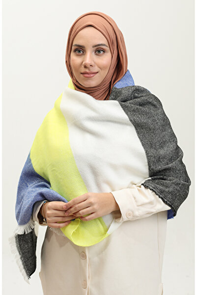 sefamerve 2069-01 Yellow Navy Blue Patterned Shoulder Shawl