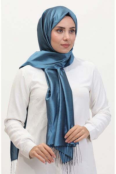 sefamerve Σάλι ταφτά με φούντα Petrol Blue - 1267-33