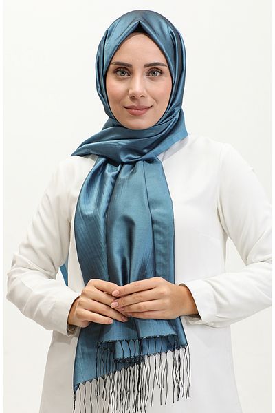 sefamerve Turquoise Taffeta Shawl 1267-35 - Tasseled