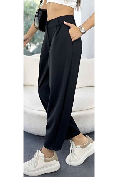 edzmoda Women's Black Buttoned Baggy Trousers with Pockets Premium