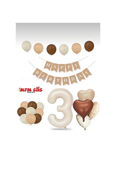 MFM Set de aniversare retro din folie crem bej de 3 ani - nisip de mare