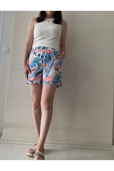 Fendimod Viscose Patterned Women's Shorts - Elastic Waist and Pockets