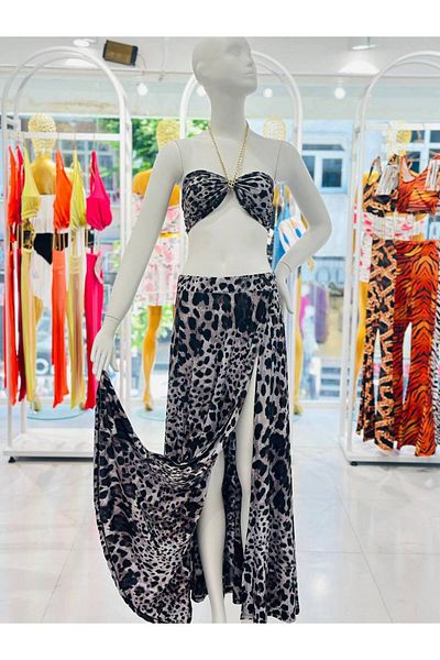 Miss Adjustable Chain Maxi Length Flared Skirt Low-cut Double Set