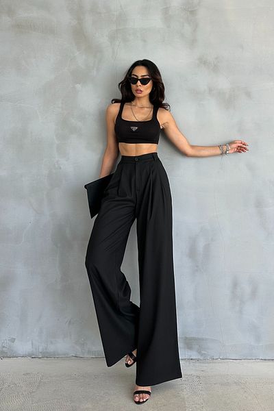 Ortaya Çık High Waist and Wide Leg Black Palazzo Trousers