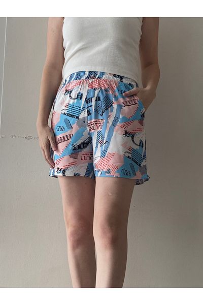 Fendimod Viscose Patterned Women's Shorts - Elastic Waist and Pockets