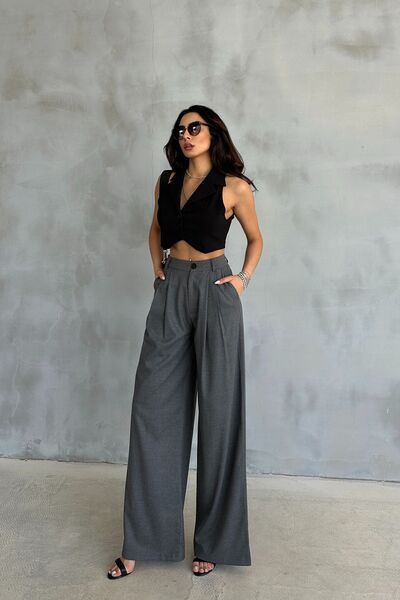 Ortaya Çık High Waist Anthracite Palazzo Trousers - Wide Leg