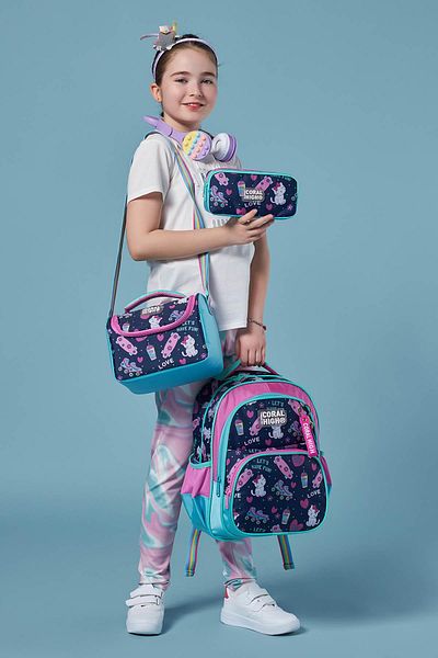 Coral High Pisica albastru bleumarin roz - SET de 3 geanți de școală cu model skate 0123658