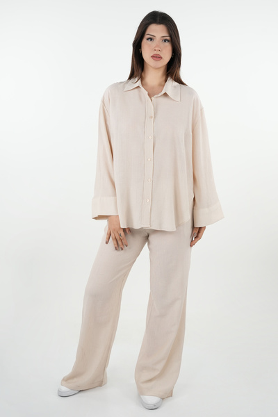 le mardi طقم قميص وبنطلون بيج نسائي فضفاض مكون من قطعتين