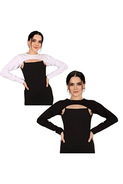 Sahra Şal Dünyası Long Sleeve Set of 2 - Crew Neck, Neck Collar Black-White