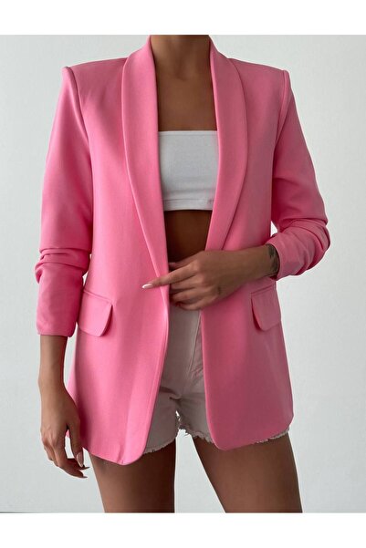 Elizar Moda سترة بليزر بأكمام أطلس وردية اللون