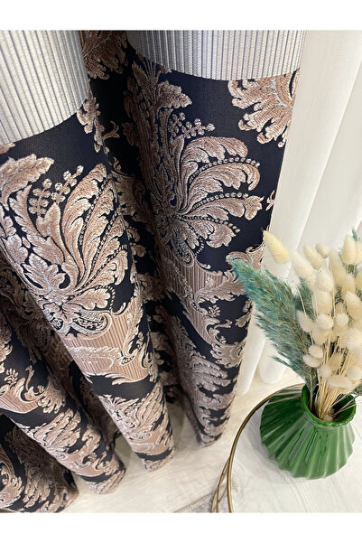 Brillant Lacivert Kahve Renk Damask Desen Jakar 1/3 Sık Pile Jakar Fon Perde