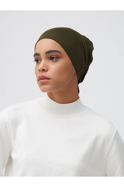 Femple Modest Dark Olive Green Laced Plain Bonnet Underscarf