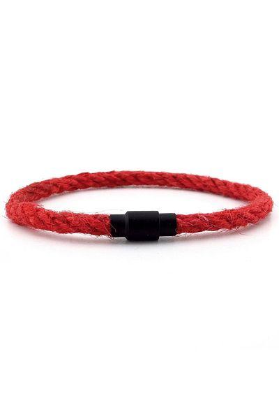 Solfera Men's Bracelet M053A - Red Rope, Black Metal, Single Row Magnet