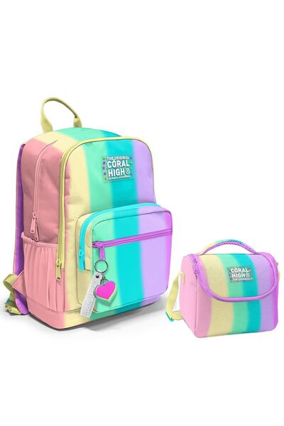 Coral High Four Compartment Middle School Bag and Lunch Box Set - Colorful St...