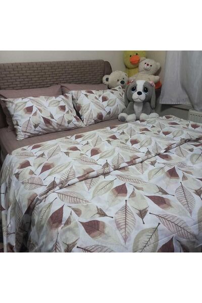 Yaprak Desenli Çift Kişilik Nevresim Takımı 200x 225 Lastikli Çarşaf 160 X 200 Köşe Yükseklği 40 Cm