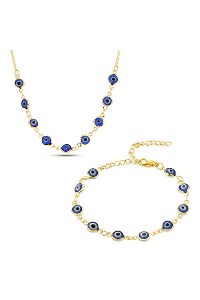 Forentina Altın Kaplama Nazar Boncuklu Kolye Bileklik Kombin Takı Seti Ps3633