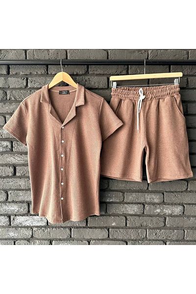 tetramoda Waffle Print Brown Shirt and Shorts Set - Short Sleeve