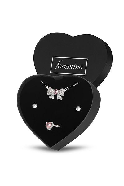 Forentina Heart Steel Ribbon Necklace and Earring Ring Gift Set - PS3677