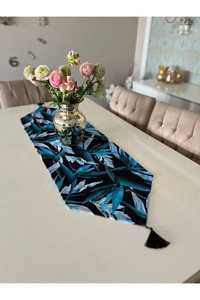 Ayd Home Runner negru cu model de frunze albastre - 43x135 cm Față de masă dreptunghiulară