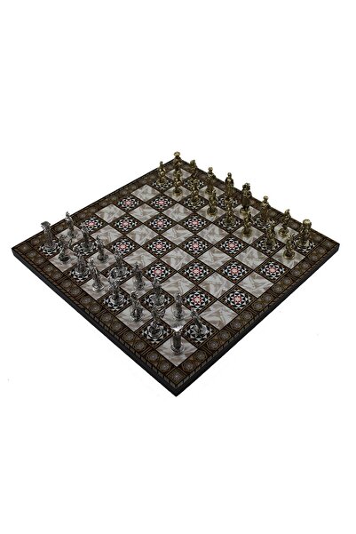Gift Home Küçük Boy Metal Osmanlı Bizans Satranç Takımı Ve Sedef Desenli Küçük Tahtası (30X30 CM.)