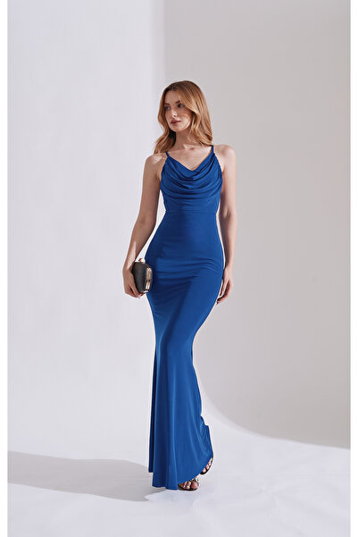 Rabia Çelik Kadın Lacivert Sırt Dekolteli Askılı Balık Model Maxi Elbise