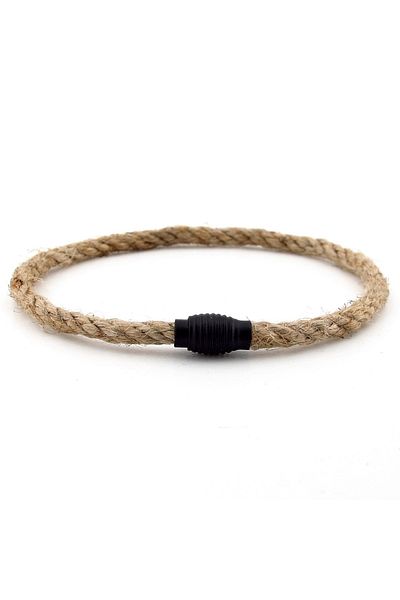 Solfera Men's Bracelet - Cream Color, Thin Rope, Black Metal, Magnet Single Row M054A