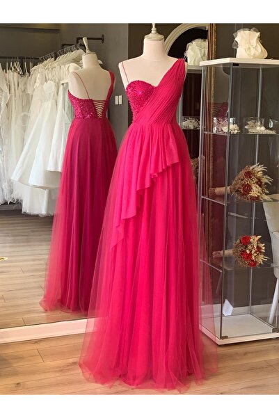 Lenta Moda Drape ve Dantel Detaylı Simli Fuşya Renk Abiye ve Gece Elbisesi