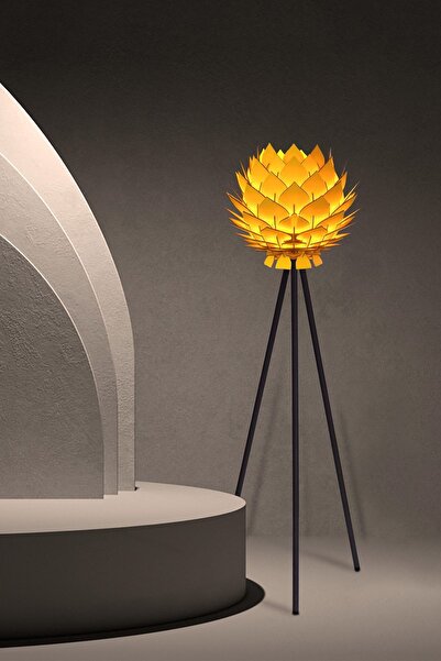 Design OTTO Lotus Metal Ayaklı Yerpuar Anahtarlı Ahşap Modern Tripod Üç Ayaklı Lambader Aydınlatma