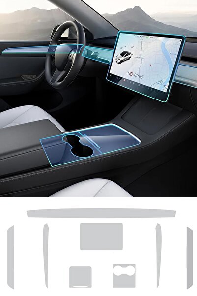 NovStrap Tesla Model Y Ile Uyumlu Trim Ve Ekran Koruyucu Film 8 Parça Şeffaf Araç Içi Ppf Kaplama