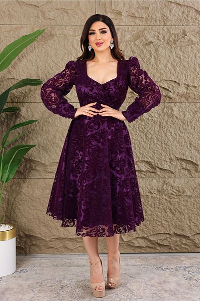 Matik Abiyem Thin Satin Sweetheart Cutout - Flock Printed Midi Dress Evening Dress