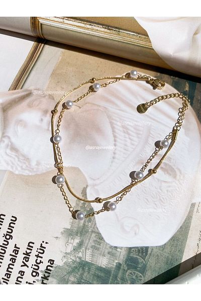 ASNA JEWELLERY Stylish and Modern Pearl Steel Anklet - Gold