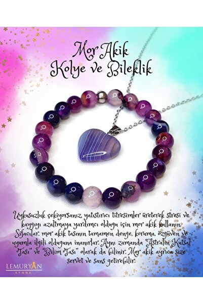 LEMURYANSTONE Orijinal Doğaltaş Mor Akik Bileklik & Kolye Set