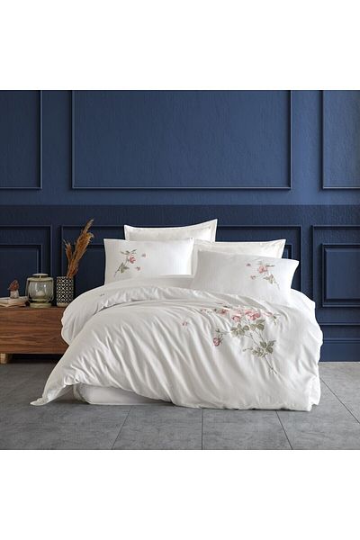 shi Emma 100% Cotton Satin Embroidered Duvet Cover Set | Double | 6 Pieces | Boxed Dowry Set