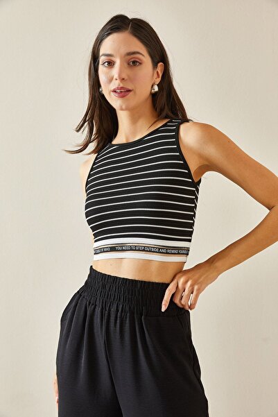 XHAN Crew Neck Μαύρη ριγέ μπλούζα Crop - 5YXK2-48671-02