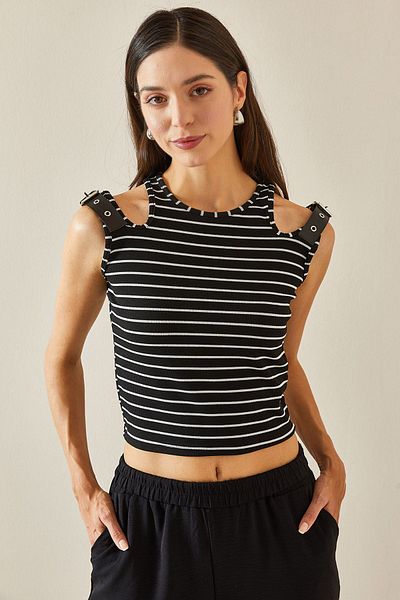 XHAN Strappy Black Striped Blouse - Accessory Detailed 5YXK2-48672-02