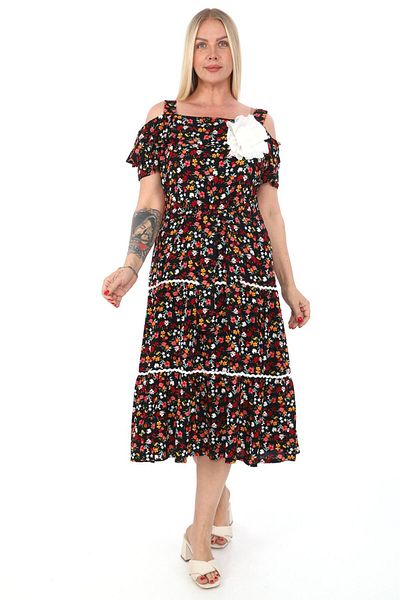 etselements X MODAPO Rose Brooch Floral Print Viscose Women's Dress - Off-the-Shoulder Belted